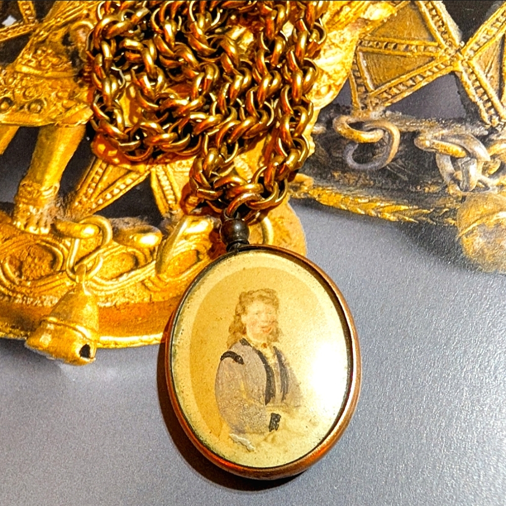 1800s Victorian Era Open Locket Hand Painted Portrait Necklace - Picture 8 of 8